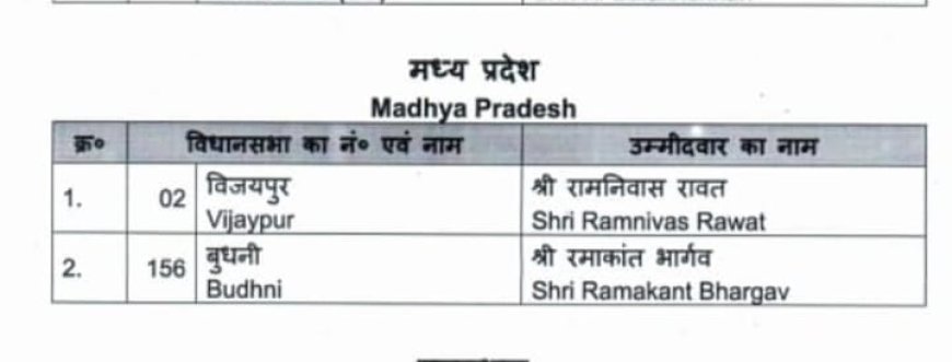 बीजेपी के उम्मीदवार घोषित,बुंदनी में 'शिव' का राज,भार्गव होंगे उम्मीदवार,विजयपुर में 'राम' करेंगे निवास